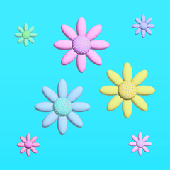 3d flowers of pastel colors on a blue background