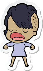 sticker of a cartoon cool hipster girl talking