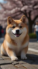 Naklejka na ściany i meble happy shiba inu dog sitting on a paved path surrounded by blooming cherry blossom trees