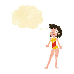 cartoon woman in swimming costume with thought bubble