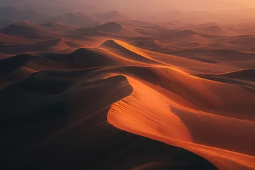 Fototapete a serene desert landscape at sunrise, showcasing the play of light and shadows on the sand dunes © Uwe