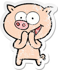 distressed sticker of a cheerful pig cartoon