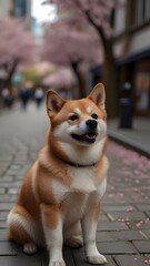  happy shiba inu dog sitting on a paved path surrounded by blooming cherry blossom trees