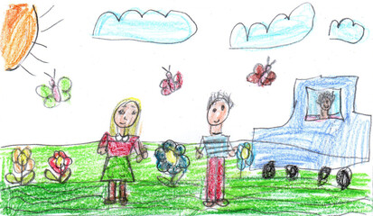 Child drawing of a happy family on a walk. Happy family on a walk outdoors