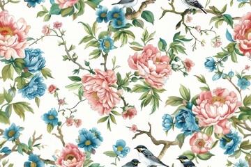 Seamless vintage watercolor with peonies and birds.