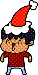 hand drawn comic book style illustration of a laughing boy wearing santa hat