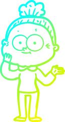cold gradient line drawing of a cartoon happy old woman