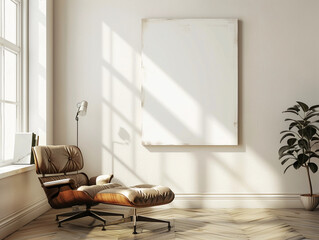 A large blank white painting on the wall in a minimalist room is a striking visual element. 