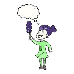freehand drawn thought bubble textured cartoon undead monster lady cleaning