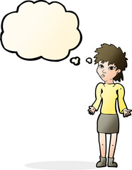cartoon woman shrugging shoulders with thought bubble