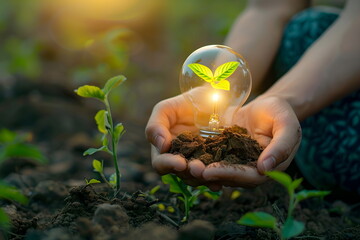 Hands holding dirt and a light bulb with plant inside