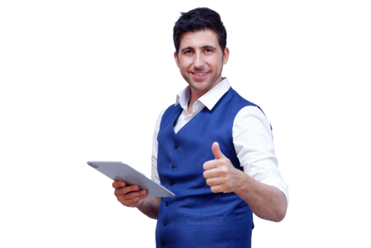 Smiling young businessman holding tablet on transparent background.