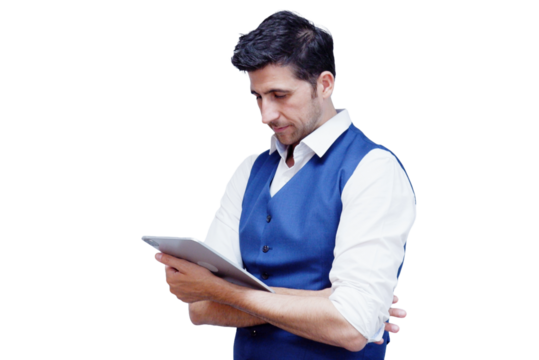 Smiling young businessman holding tablet on transparent background.