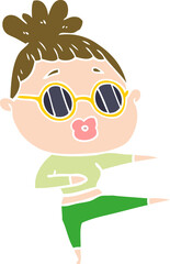 flat color style cartoon dancing woman wearing sunglasses