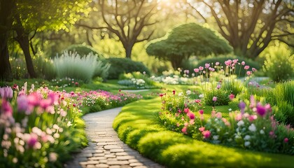 Lush green botanical garden - blooming spring flowers and lawn path.
