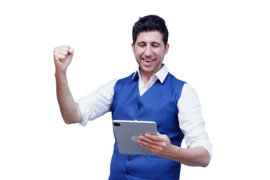 Smiling young businessman holding tablet on transparent background.