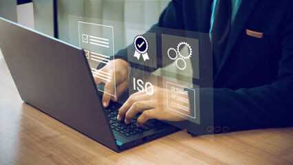 ISO standards quality control, assurance and warranty business technology concept. Businessman...