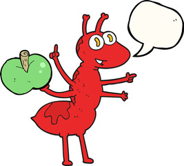 freehand drawn speech bubble cartoon ant with apple