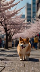  happy shiba inu dog sitting on a paved path surrounded by blooming cherry blossom trees