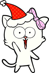 hand drawn comic book style illustration of a cat wearing santa hat