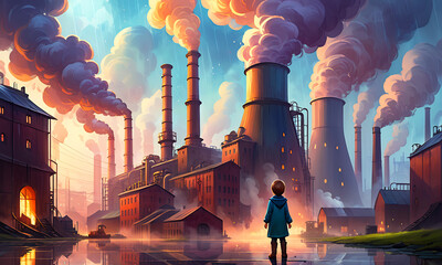 factory and smoke from chimney illustration, waste incineration