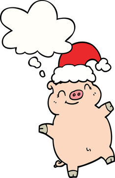 cartoon happy christmas pig with thought bubble