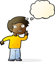 cartoon boy posing for photo with thought bubble