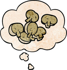 cartoon chopped mushrooms with thought bubble in grunge texture style