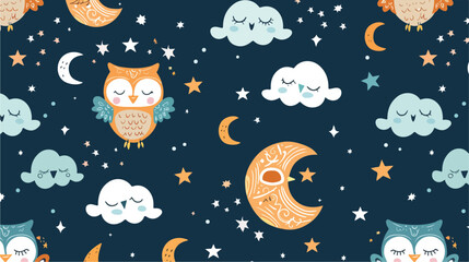 Seamless pattern with cute sleeping owls baby moon