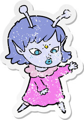 distressed sticker of a pretty cartoon alien girl