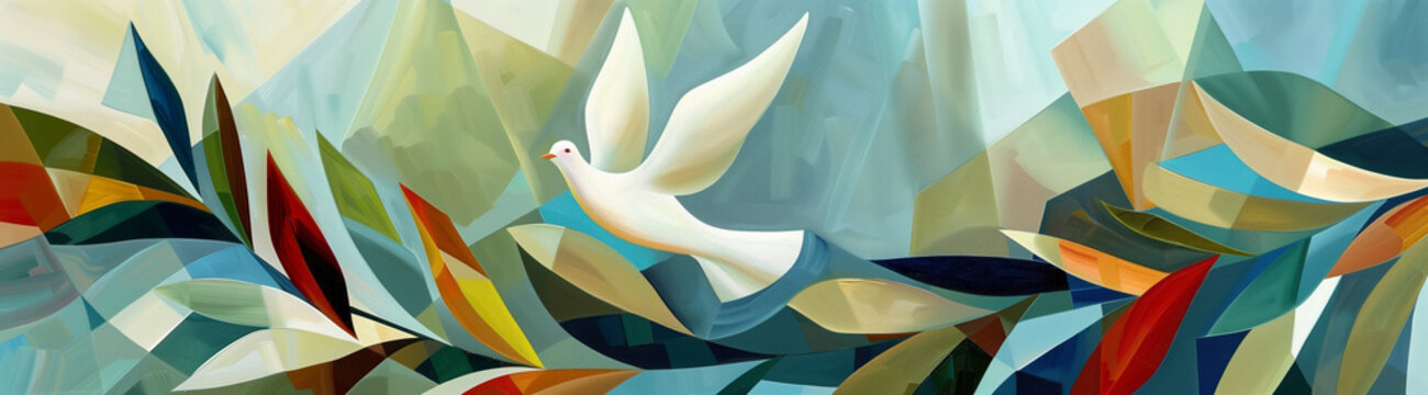Horizontal border or banner with a flying peace dove, beautiful illustration with a white bird and olive tree branch, symbol of peace, love and freedom, nature abstract cubist style design background