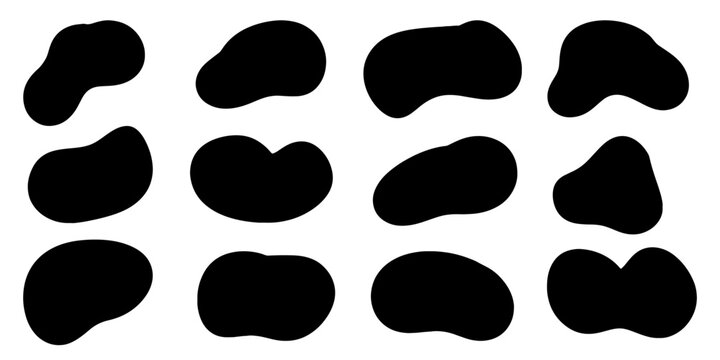 Set of abstract shaped stickers for unique modern designs. 12 abstract flowing shapes on white background. Black stickers for adding text, creating patterns, design and printing.