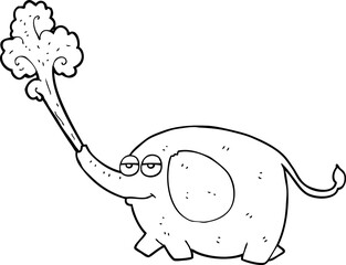 freehand drawn black and white cartoon elephant squirting water