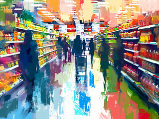 Abstract supermarket aisle with colorful shelves and unrecognizable customers as background 