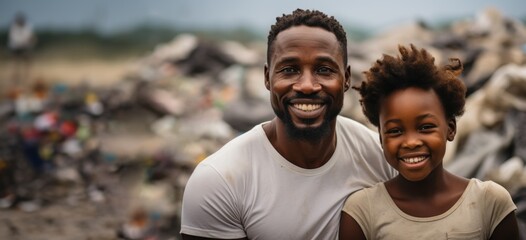 A father child and girl hold garbage bags cleaning up, Family teamwork, Environmental care - Powered by Adobe