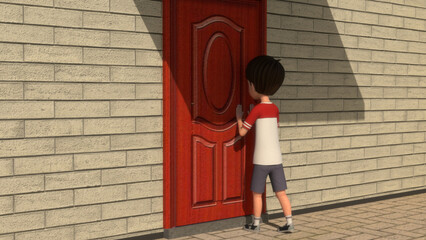 Boy pushing Door with force 3d illustration