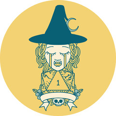 Retro Tattoo Style crying half orc witch character with natural one roll