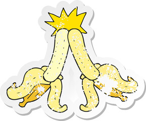 retro distressed sticker of a cartoon embarrassing magic banana touch