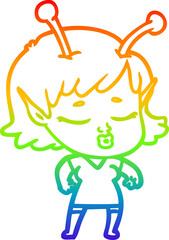 rainbow gradient line drawing of a cute alien girl cartoon