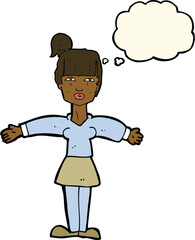 Obraz premium cartoon woman shrugging shoulders with thought bubble