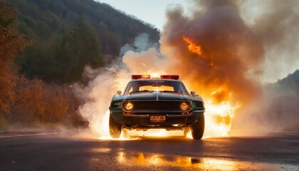 A dramatic scene unfolds as a vintage police car is engulfed in flames on an empty road, with thick smoke billowing against a forest backdrop during sunset. - obrazy, fototapety, plakaty