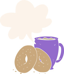 cartoon coffee and donuts with speech bubble in retro style