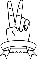 Black and White Tattoo linework Style peace two finger hand gesture with banner