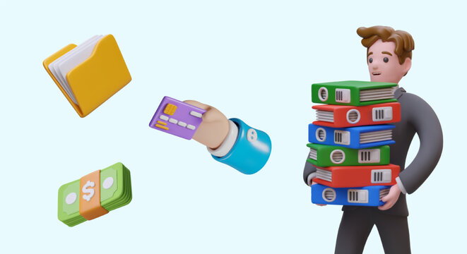Set of illustrations for online management. Man carries stack of ring binders with documents