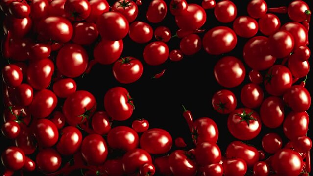 3d red tomatoes and hot chilli peppers, fresh raw food flying in slow motion. concept for ketchup, sauce, mexican food, vegetarian food