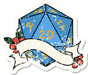 grunge sticker of a natural twenty D20 dice roll