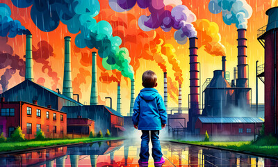 factory and smoke from chimney illustration, waste incineration