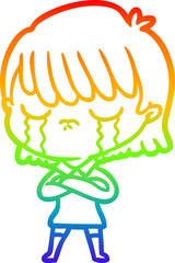 rainbow gradient line drawing of a cartoon woman crying