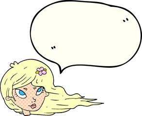freehand drawn comic book speech bubble cartoon woman with blowing hair