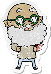 distressed sticker of a cartoon curious man with beard and glasses